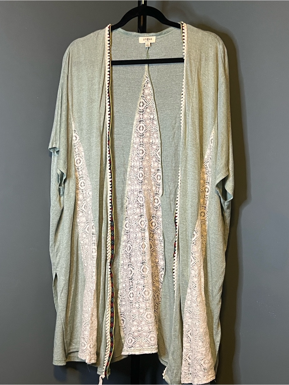 Umgee Sage Green Open Front Cardigan with Cream Lace Panels